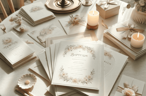 Verschiedene elegante Taufeinladungen mit zarten Designs und pastellfarbenen Elementen, harmonisch auf einem Tisch arrangiert, umgeben von sanften Blumen und Kerzenlicht.